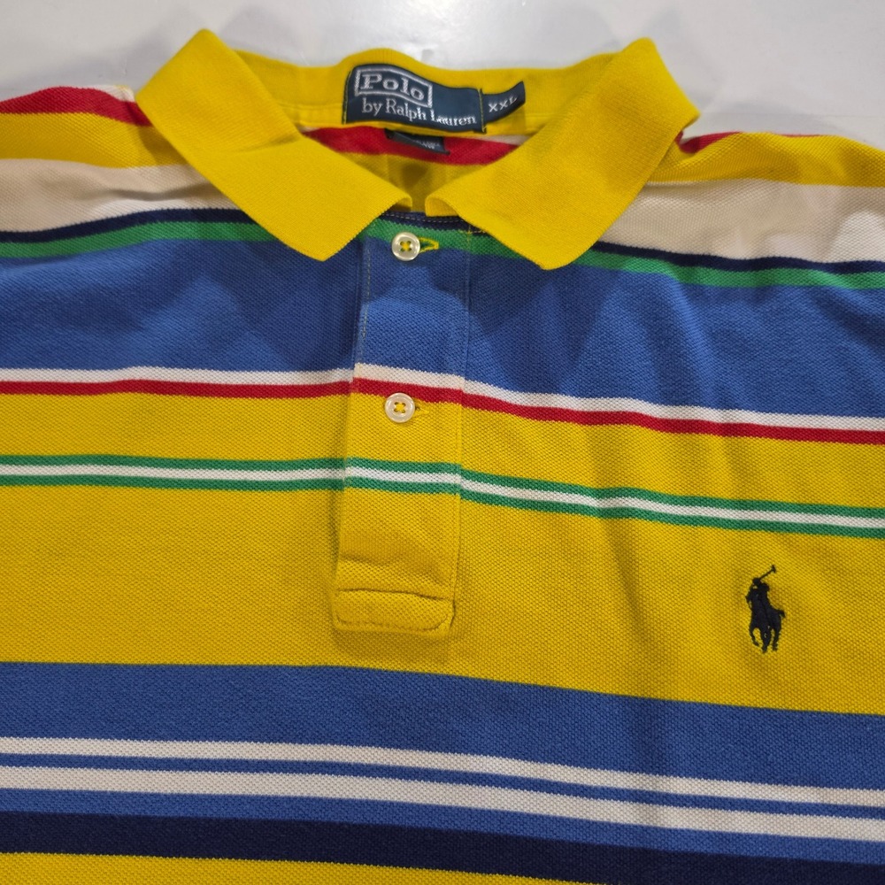 Polo Ralph Lauren Mens XXL Striped Polo Shirt Short Sleeve Yellow Blue Multi